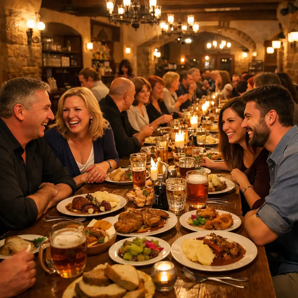 Hosté u dlouhého stolu během soukromé večeře v restauraci