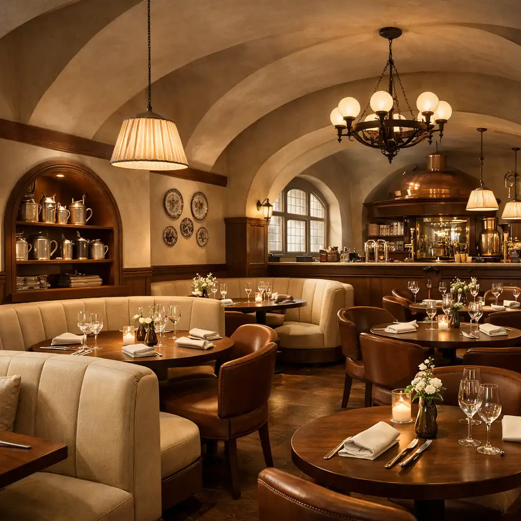 Interiér restaurace Česká Komunita s elegantním stolováním