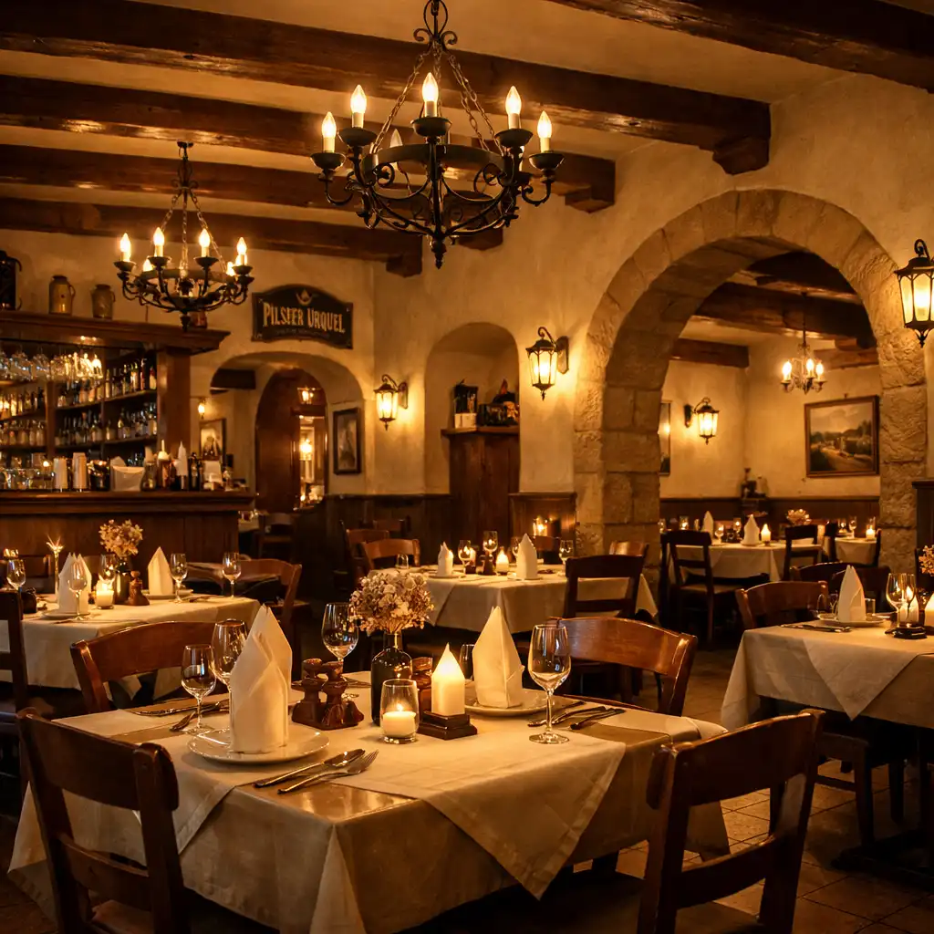 Teplé světlo a útulná atmosféra restaurace Česká Komunita