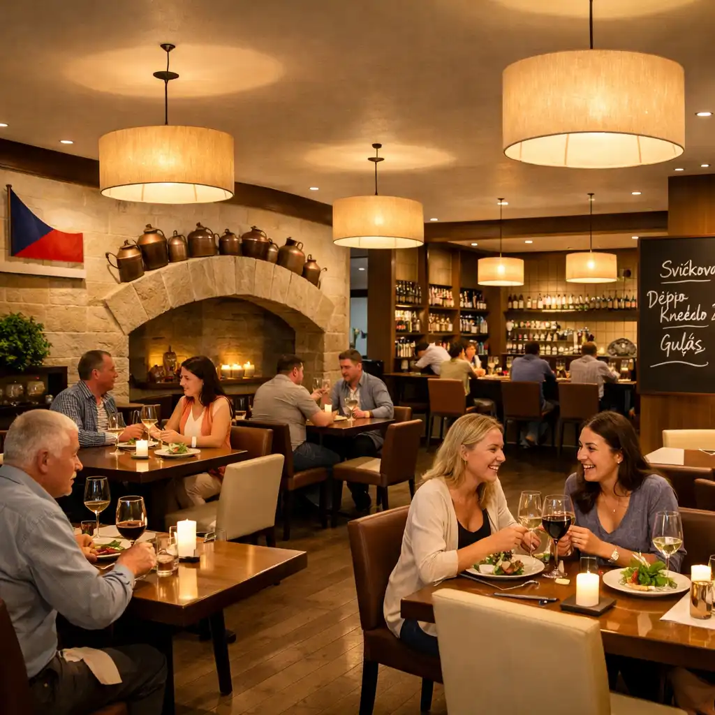 Útulný interiér restaurace Česká Komunita s teplým osvětlením a přátelskou atmosférou