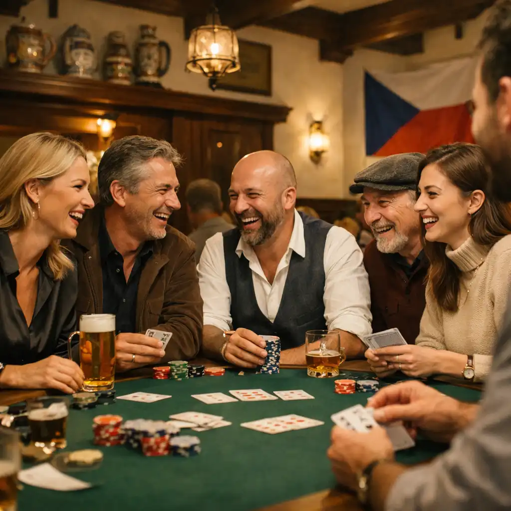 Hosté u pokerového stolu v teplém světle restaurace Česká Komunita