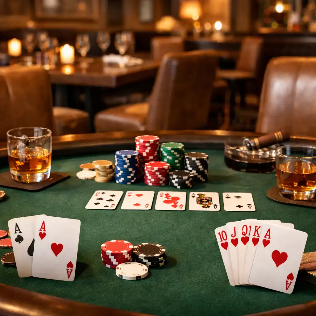 Elegantně prostřené pokerové stoly v teplém světle restaurace