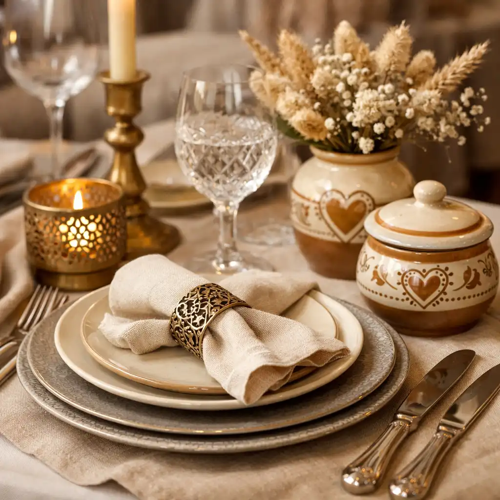 Detail elegantně prostřeného stolu s českými prvky v restauraci České Komunity